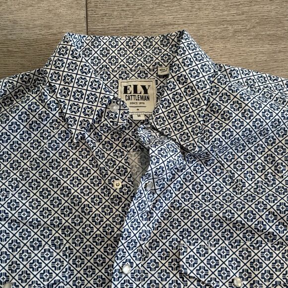 Ely Cattleman Shirt Mens Medium Blue Pattern Pearl Snap Western Cowboy Rodeo - Picture 1 of 6